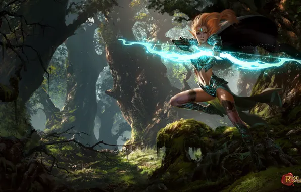 Picture forest, girl, fantasy, magic, elf, the game, bow, Archer