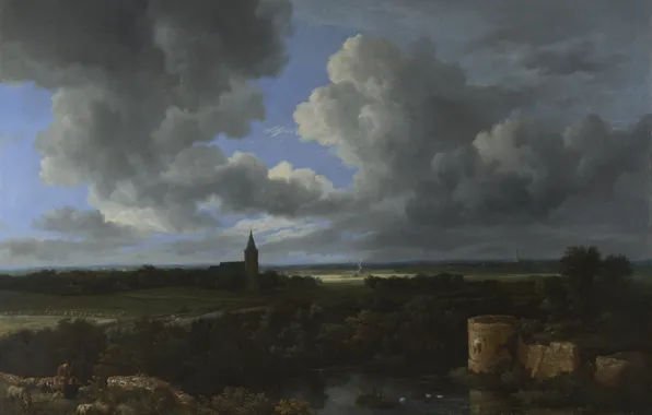 Picture picture, panorama, Jacob van Ruisdael, Jacob van Ruisdael, Landscape with ruined castle and Church