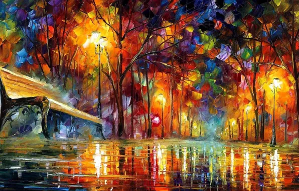 Park, rain, alley, Leonid Afremov, impressionism