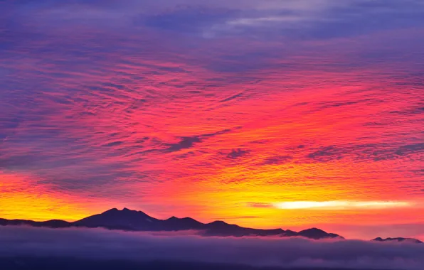 The sky, clouds, mountains, fog, tops, glow