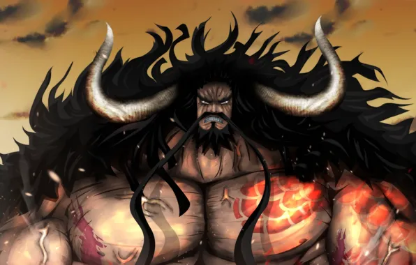 Picture fire, flame, game, One Piece, horns, sky, long hair, pirate