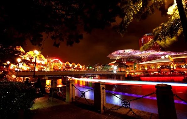 Picture night, bridge, lights, river, home, lights, Singapore, promenade