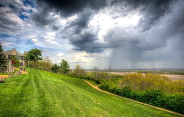 The sky, grass, clouds, trees, clouds, river, lawn, HDR