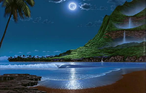 Picture sea, the sky, pastoral, moonlit night, Steven Power