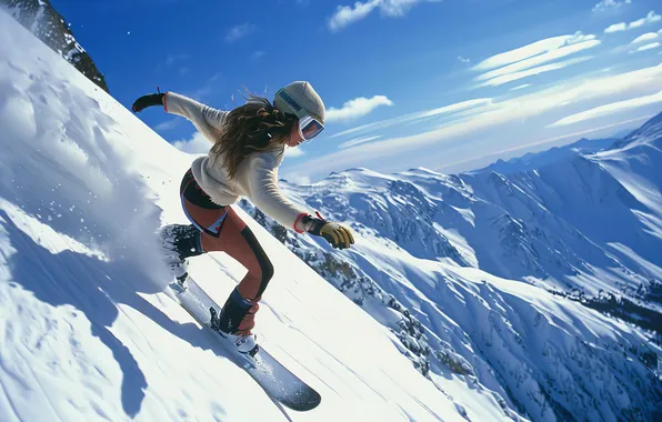 Picture woman, mountain, snowboarding, enjoying, setting, vivid