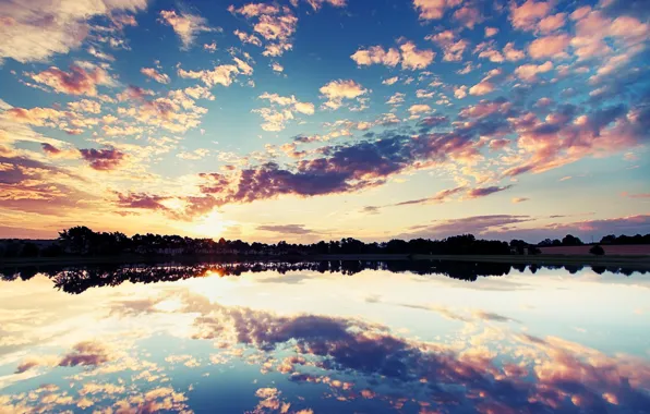 Picture the sky, clouds, sunset, lake, reflection