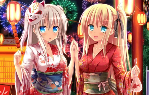 Girls, mask, yukata, anime, art, Charlotte, Nao Tomori, Yusa Victim
