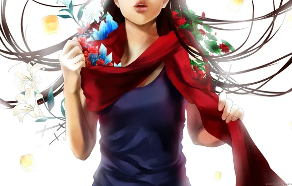Leaves, girl, flowers, anime, scarf, art, crystals, yuuike