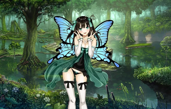 Forest, girl, trees, smile, tape, butterfly, wings, dress