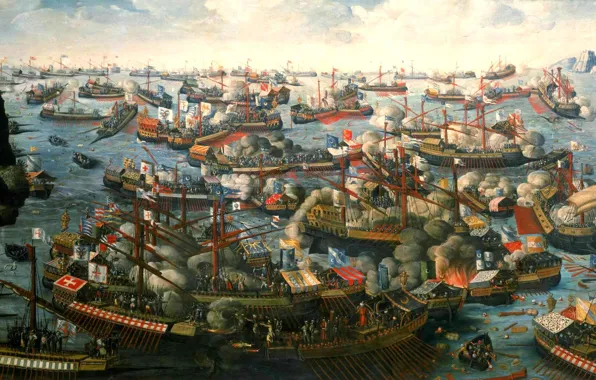 Oil, picture, canvas, naval battle, Cape Scrofa, The Gulf of Patras, 7 Oct 1571, "Battle …