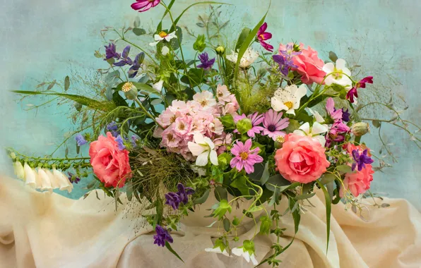 Bouquet, fabric, vase, wildflowers
