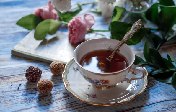 Leaves, balls, flowers, tea, Board, roses, bouquet, candy