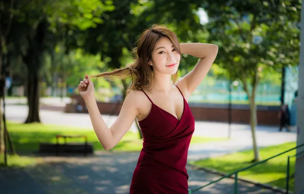 Picture girl, pose, smile, hair, dress, Asian