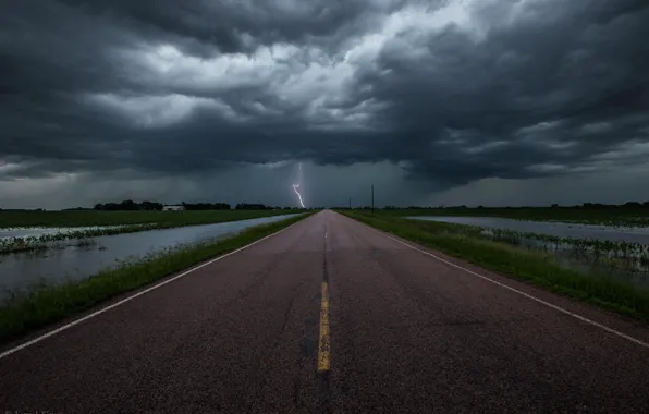 Road, the storm, clouds, lightning