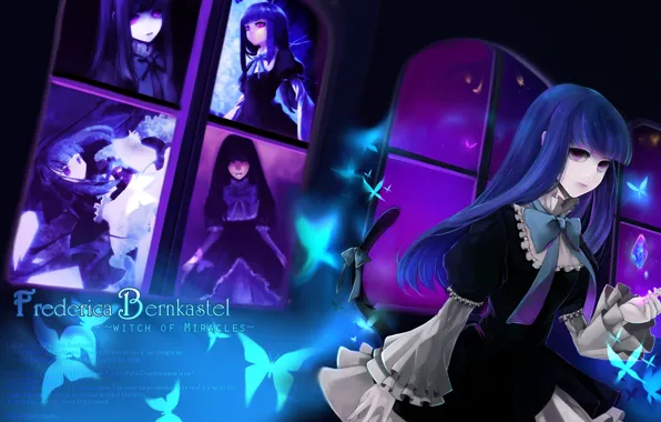 Crystal, girl, butterfly, night, blue, Windows, tail, the witch