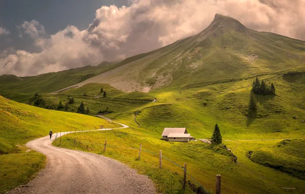 Road, field, clouds, mountains, hills, posts, the slopes, people