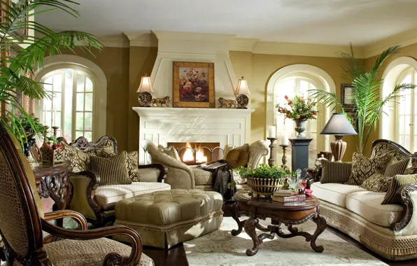 Room, plants, light, pictures, fireplace, classic, sofas, Statute