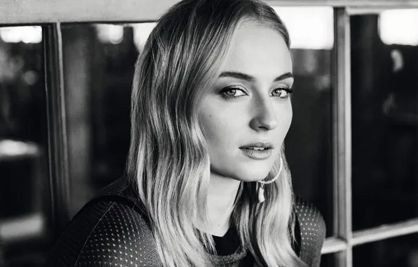 Black & white, hair, actress, Sophie Turner, Sophie Turner, black and white photo, black and …