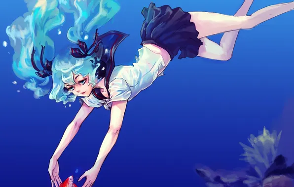 Girl, fish, art, Vocaloid, Vocaloid, under water, Arisita, Bottle Miku