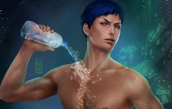 Look, water, bottle, guy, torso, art, Zetsuai89, aomine daiki