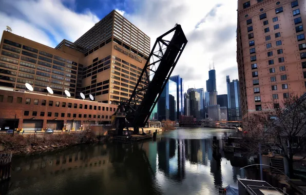 Picture bridge, city, river, building, the evening, USA, America, Chicago