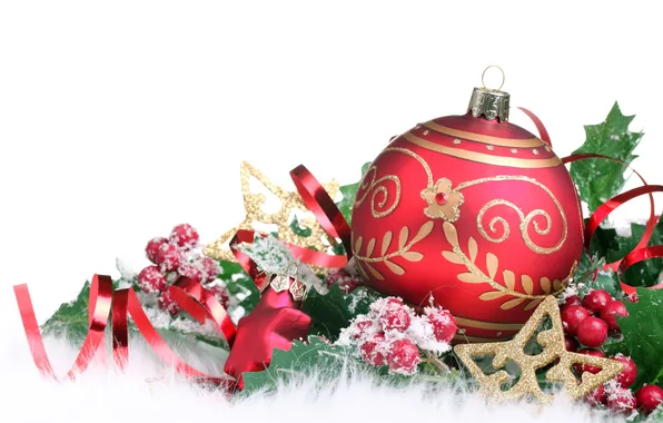 Leaves, snow, berries, balls, toy, new year, Christmas, white background