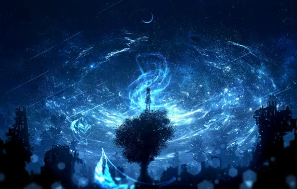 Trees, night, fantasy, girl, ruins