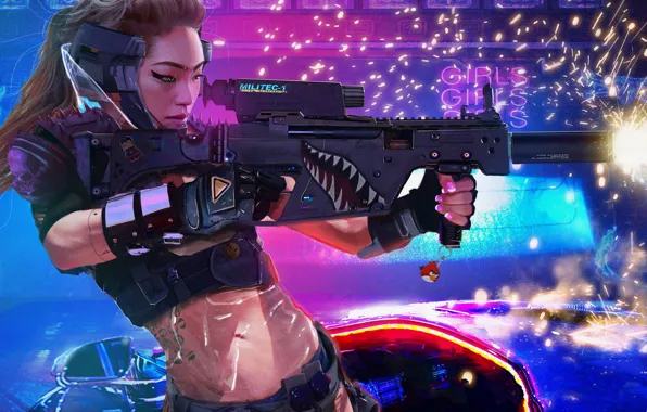Picture girl, weapons, Asian, Cyberpunk 2077