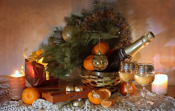 Gift, tree, candles, glasses, candy, champagne, tangerines