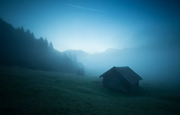 Mountains, fog, morning, Alps, the barn, haze, house
