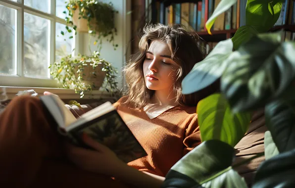 Leaves, girl, light, room, plants, window, shadows, book