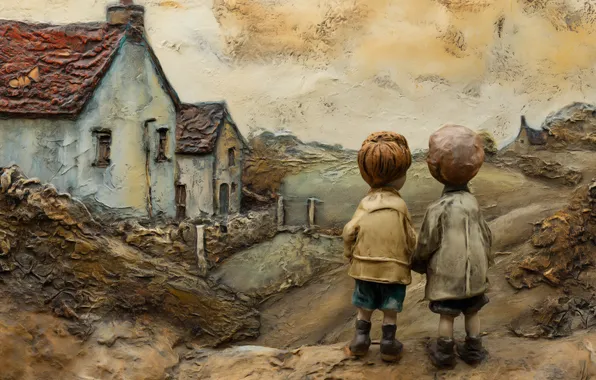 The sky, children, house, style, hills, home, village, houses