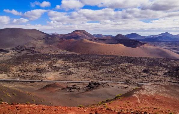 Picture road, clouds, mountains, Spain, Canary Islands, The national Park Timanfaya