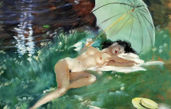 Chest, hat, umbrella, brunette, Modern, naked woman, Jean-Gabriel Domergue, Rest on the shore