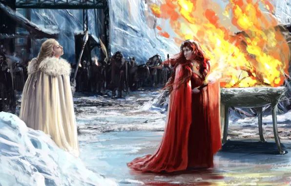 Picture girls, fire, army, torch, cloak, Game of thrones, Melisandre, Princess Val