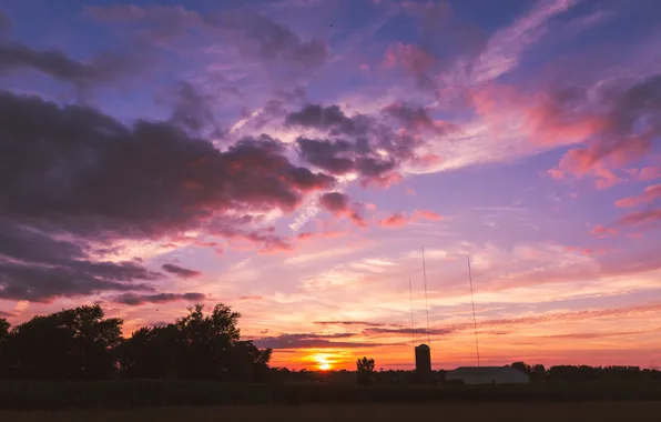 Field, the sky, the sun, clouds, trees, sunset, building, home