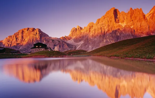 Mountains, lake, house