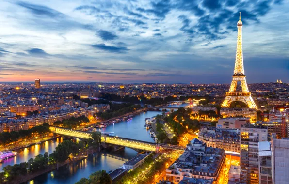 Night, lights, France, Paris, panorama, Eiffel tower