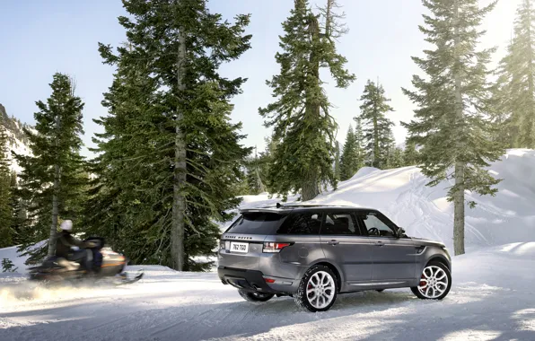 Winter, machine, snow, trees, mountains, Land Rover, Range Rover, Sport