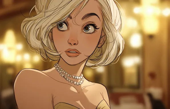 Animation, women, blonde, necklace, illustration, depth of field, bare shoulders, AI art