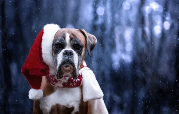 Picture look, face, snow, dog, Santa Claus, cap, Boxer