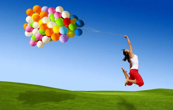 Picture the sky, grass, color, girl, balls, flight, joy, smile