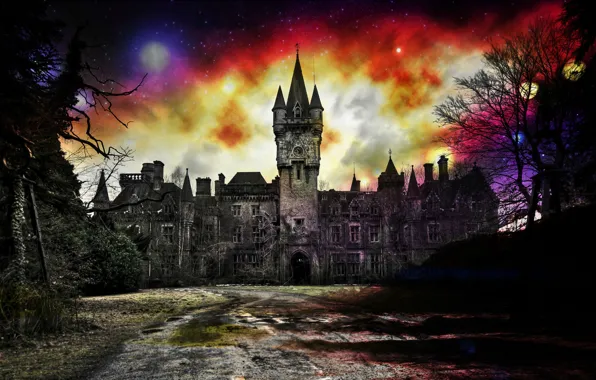 Picture night, castle, the moon, fantasy, glow