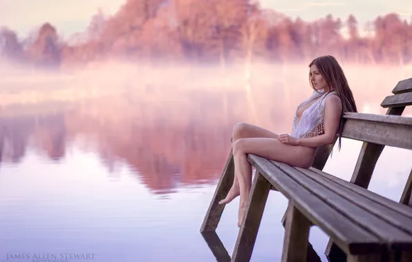Chest, trees, landscape, sexy, pose, fog, river, model