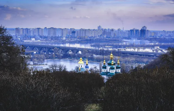 Picture winter, bridge, Garden, Ukraine, the monastery, dome, Kiev, Dnepr