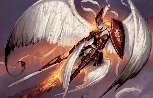 Picture fire, wings, sword, Matt Cavotta, Firemane Angel