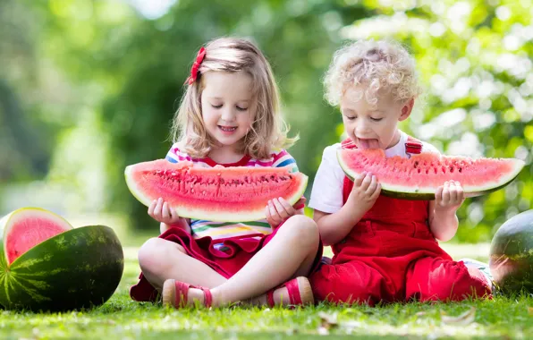 Summer, children, boy, watermelon, girl, girl, summer, boy