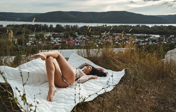 Grass, landscape, pose, river, model, makeup, figure, blanket