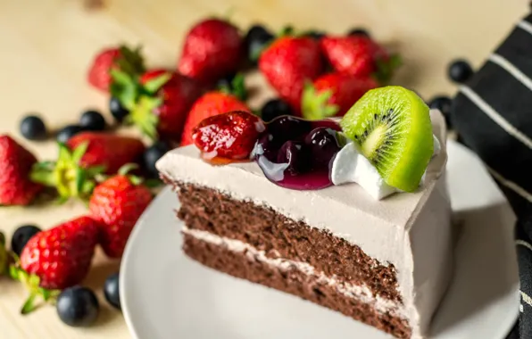 Kiwi, strawberry, Cake, Piece