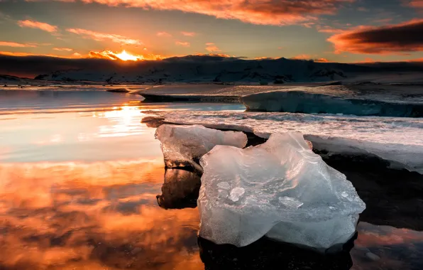 Ice, winter, the sky, the sun, clouds, light, snow, sunset